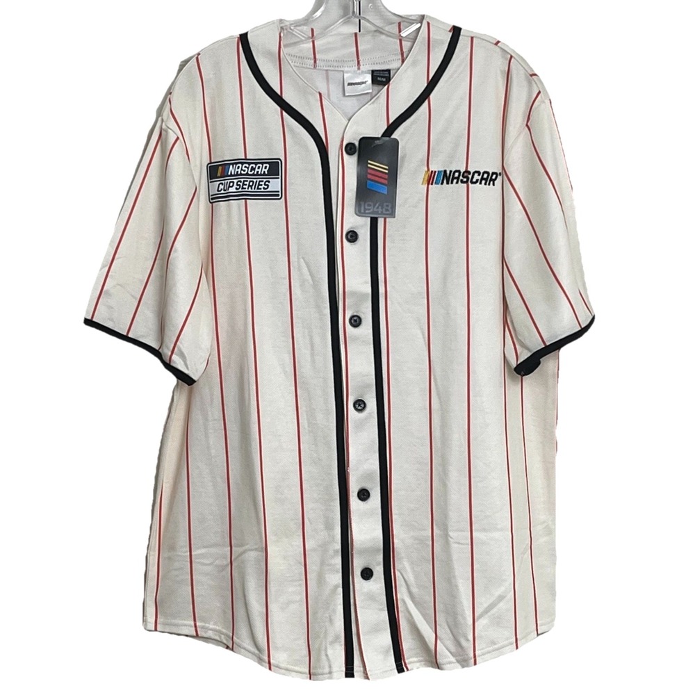 NWT Men's NASCAR Cup Series Baseball Jersey Medium White Red Pinstripe Button Up